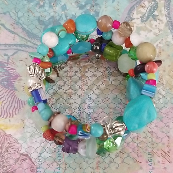 NWT Hand Crafted Semi Precious  Stone Glass Vintage Bead Wrap Bracelet - Picture 9 of 16